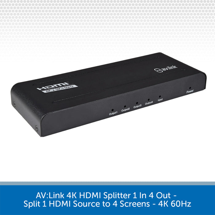 AV:Link 4K HDMI splitter box in black, designed to split one HDMI source into four output screens, shown on a white background with a blue text banner at the bottom.