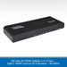 AV:Link 4K HDMI splitter box in black, designed to split one HDMI source into four output screens, shown on a white background with a blue text banner at the bottom.