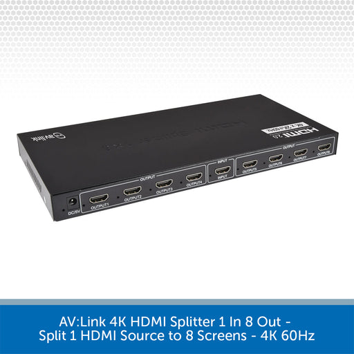 AV:Link 4K HDMI splitter 1 in 8 out, shown from a three-quarters angle on a white background with a gray patterned header and a blue text banner at the bottom.