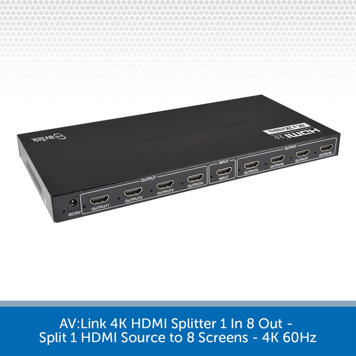 AV:Link 4K HDMI splitter 1 in 8 out, shown from a three-quarters angle on a white background with a gray patterned header and a blue text banner at the bottom.