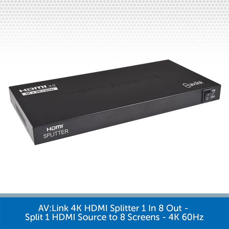 AV:Link 4K HDMI splitter shown at a three-quarter angle on a white background with a gray patterned header and a blue text banner at the bottom.
