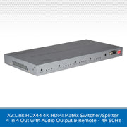 AV-Link HDX44 4K HDMI Matrix Switcher/Splitter shown from a three-quarters angle on a white background with a gray patterned header and a blue text banner at the bottom.