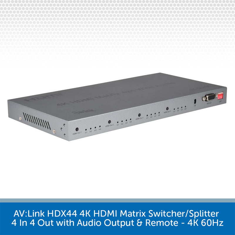 AV-Link HDX44 4K HDMI Matrix Switcher/Splitter shown from a three-quarters angle on a white background with a gray patterned header and a blue text banner at the bottom.