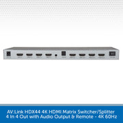 AV:Link HDX44 4K HDMI Matrix Switcher/Splitter shown horizontally on a white background with a gray patterned header and a blue text banner at the bottom describing its 4-in-4 out audio output and remote control.