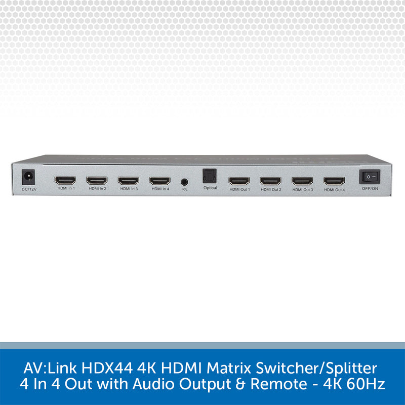AV:Link HDX44 4K HDMI Matrix Switcher/Splitter shown horizontally on a white background with a gray patterned header and a blue text banner at the bottom describing its 4-in-4 out audio output and remote control.