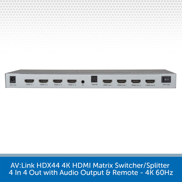 AV:Link HDX44 4K HDMI Matrix Switcher/Splitter shown horizontally on a white background with a gray patterned header and a blue text banner at the bottom describing its 4-in-4 out audio output and remote control.