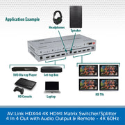 A product application diagram showing an AV HDMI matrix switcher/splitter connected to headphones, a speaker, a DVD Blu-ray player, a set-top box, an HD console, a laptop, and four HD TVs on a white background with a blue footer.
