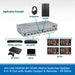 A product application diagram showing an AV HDMI matrix switcher/splitter connected to headphones, a speaker, a DVD Blu-ray player, a set-top box, an HD console, a laptop, and four HD TVs on a white background with a blue footer.