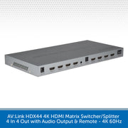 AV:Link HDX44 4K HDMI Matrix Switcher/Splitter shown from a side angle on a white background with a gray patterned header and a blue text banner at the bottom.