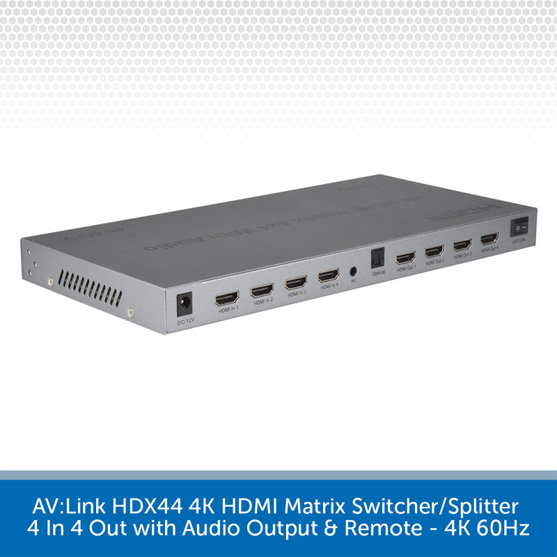 AV:Link HDX44 4K HDMI Matrix Switcher/Splitter shown from a side angle on a white background with a gray patterned header and a blue text banner at the bottom.