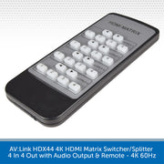 AV-Link HDMI Matrix remote control with a black body and white buttons, shown on a white background with a blue text banner at the bottom.