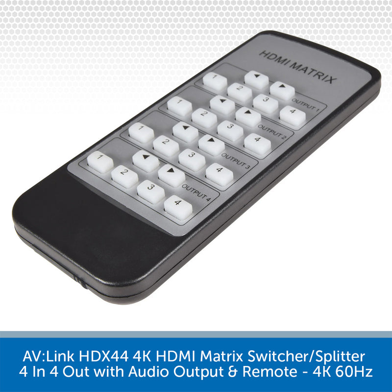 AV-Link HDMI Matrix remote control with a black body and white buttons, shown on a white background with a blue text banner at the bottom.