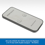 A compact rectangular HDMI switch and remote control device with a glossy white faceplate and dark gray border, shown on a white background with a blue text banner at the bottom.