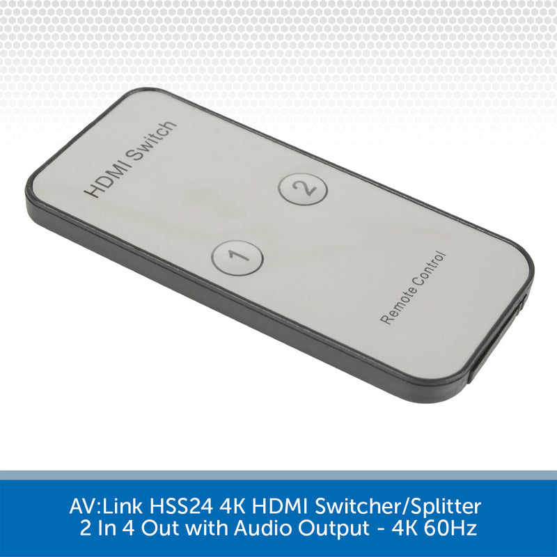 A compact rectangular HDMI switch and remote control device with a glossy white faceplate and dark gray border, shown on a white background with a blue text banner at the bottom.