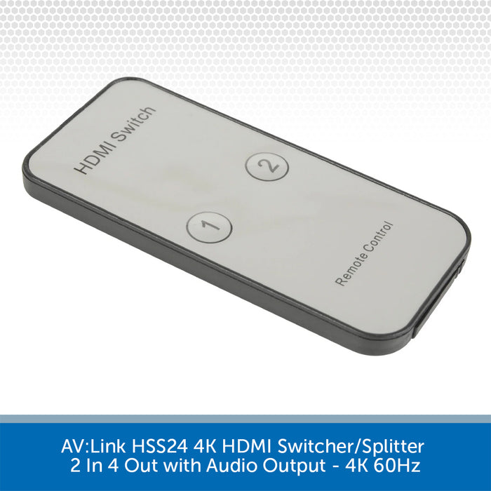 A compact rectangular HDMI switch and remote control device with a glossy white faceplate and dark gray border, shown on a white background with a blue text banner at the bottom.