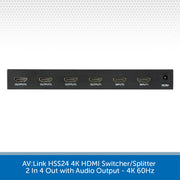 AV Link HSS24 4K HDMI switcher/splitter with 2 in 4 out ports, shown from the front on a white background with a blue text banner at the bottom.