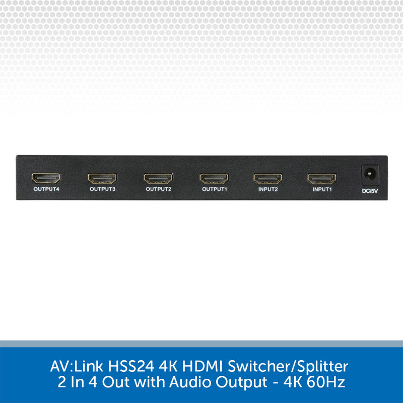 AV Link HSS24 4K HDMI switcher/splitter with 2 in 4 out ports, shown from the front on a white background with a blue text banner at the bottom.