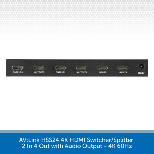 AV Link HSS24 4K HDMI switcher/splitter with 2 in 4 out ports, shown from the front on a white background with a blue text banner at the bottom.