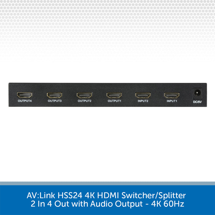 AV Link HSS24 4K HDMI switcher/splitter with 2 in 4 out ports, shown from the front on a white background with a blue text banner at the bottom.