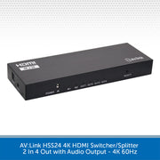 AV:Link HSS24 4K HDMI Switcher/Splitter device in black metal housing, shown at an angle on a white background with a blue text banner at the bottom.