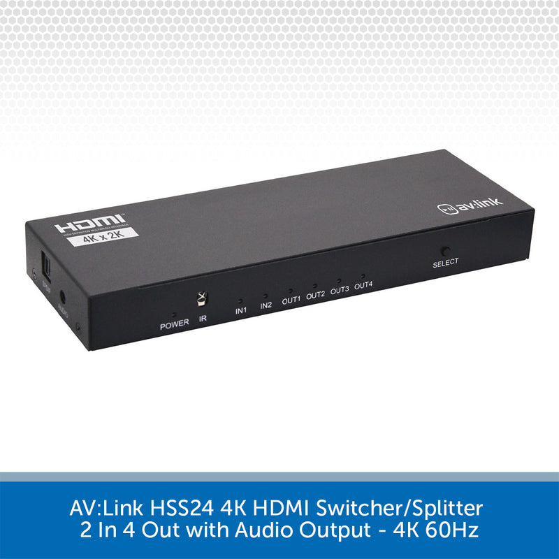 AV:Link HSS24 4K HDMI Switcher/Splitter device in black metal housing, shown at an angle on a white background with a blue text banner at the bottom.