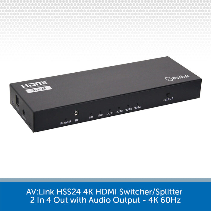 AV:Link HSS24 4K HDMI Switcher/Splitter device in black metal housing, shown at an angle on a white background with a blue text banner at the bottom.