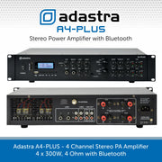 Adastra A4-PLUS - 4 Channel Stereo PA Amplifier, 4 x 300W, 4 Ohm with Bluetooth