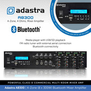 Adastra A8300 4-Zone (8 x 300W) Bluetooth Mixer Amplifier, 4Ω Class-D, USB/FM/Optical