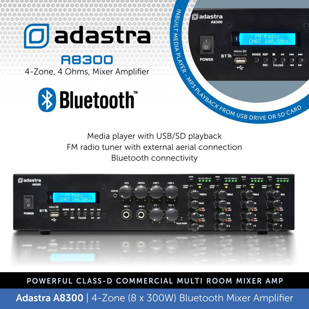 Adastra A8300 8 x 300W 4-Zone Mixer Amp with Bluetooth | Audio Volt
