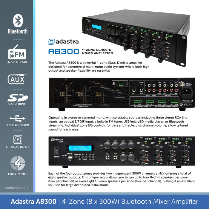 Adastra A8300 4-Zone (8 x 300W) Bluetooth Mixer Amplifier, 4Ω Class-D, USB/FM/Optical