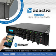 Adastra A8300 4-Zone (8 x 300W) Bluetooth Mixer Amplifier, 4Ω Class-D, USB/FM/Optical