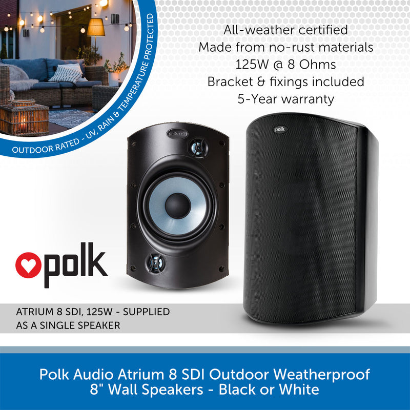 Polk Audio Atrium8 SDI Outdoor Weatherproof 8 inch Wall Mount Speaker (Single) - Black or White