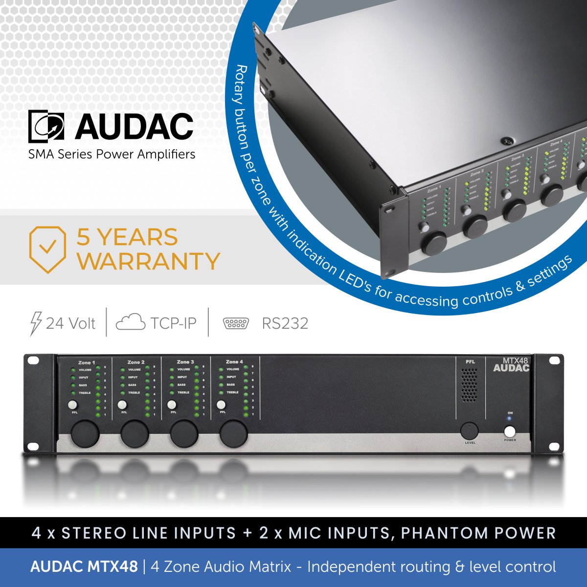Audac MTX48 4-Zone Audio Matrix Controller | Audio Volt