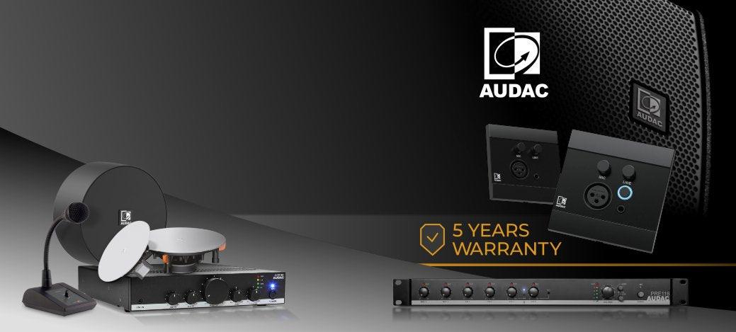 Audac audio equipment with a 5-year warranty badge on a dark background