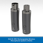Two dark gray NUX B-3RC rechargeable wireless microphone systems shown side by side on a white background with a blue text banner at the bottom.