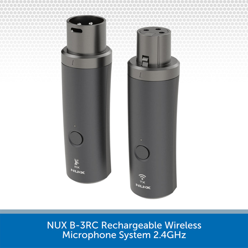 Two dark gray NUX B-3RC rechargeable wireless microphone systems shown side by side on a white background with a blue text banner at the bottom.