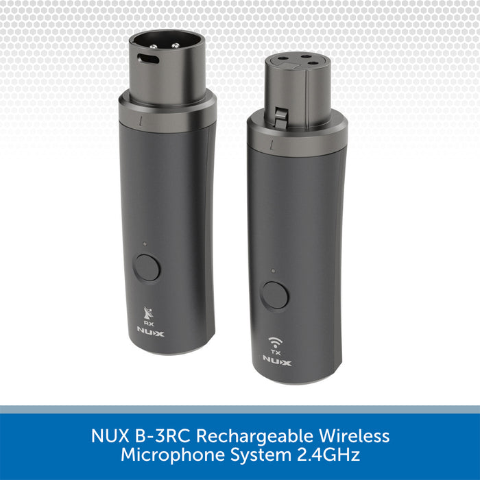 Two dark gray NUX B-3RC rechargeable wireless microphone systems shown side by side on a white background with a blue text banner at the bottom.