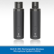 Two black cylindrical NUX wireless microphones shown side by side on a white background with a blue text banner at the bottom reading 'NUX B-3RC Rechargeable Wireless Microphone System 2.4GHz'.
