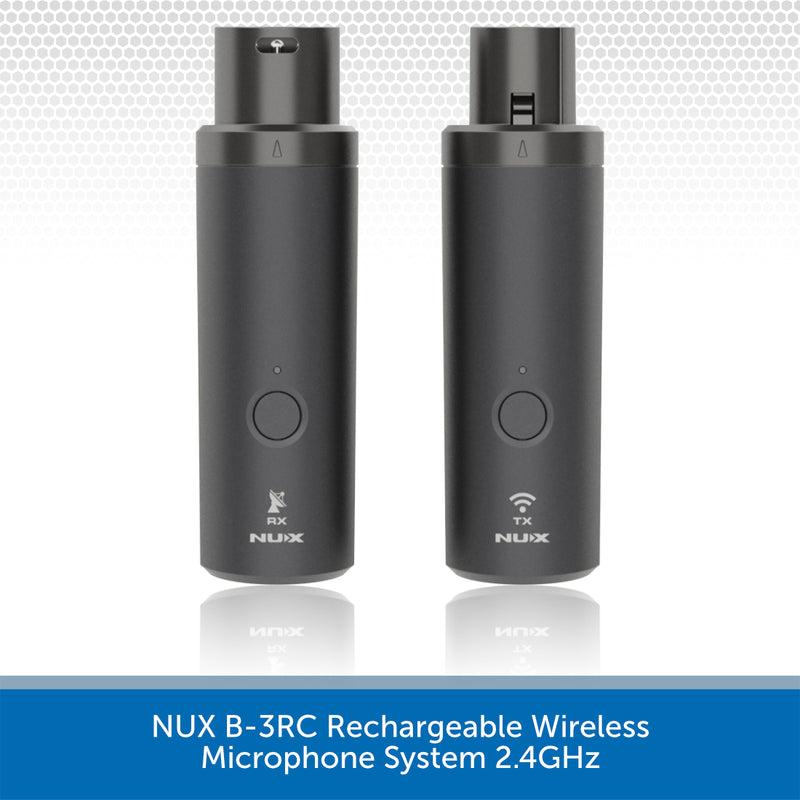 Two black cylindrical NUX wireless microphones shown side by side on a white background with a blue text banner at the bottom reading 'NUX B-3RC Rechargeable Wireless Microphone System 2.4GHz'.