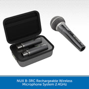 NUX B-3RC rechargeable wireless microphone system shown with an open black carrying case containing two microphones and one microphone standing outside, on a white background with a blue text banner at the bottom.