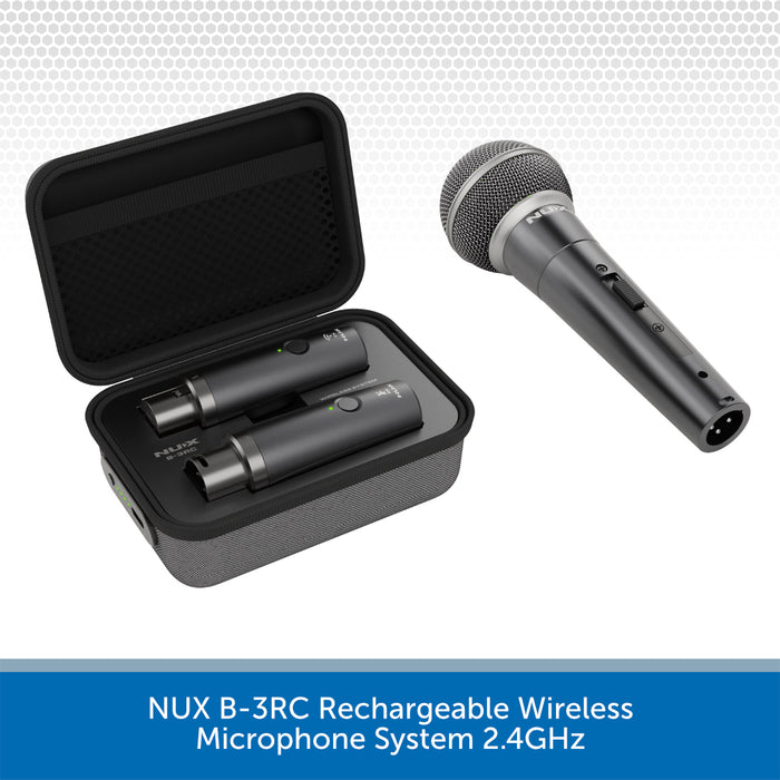 NUX B-3RC rechargeable wireless microphone system shown with an open black carrying case containing two microphones and one microphone standing outside, on a white background with a blue text banner at the bottom.