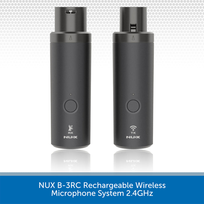 Two black cylindrical NUX wireless microphones shown side by side on a white background with a blue text banner at the bottom reading 'NUX B-3RC Rechargeable Wireless Microphone System 2.4GHz'.