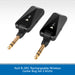 Two black NuX B-5RC rechargeable wireless guitar bug set adapters with gold-plated 1/4 inch jack plugs, shown on a white background with a blue text banner at the bottom.