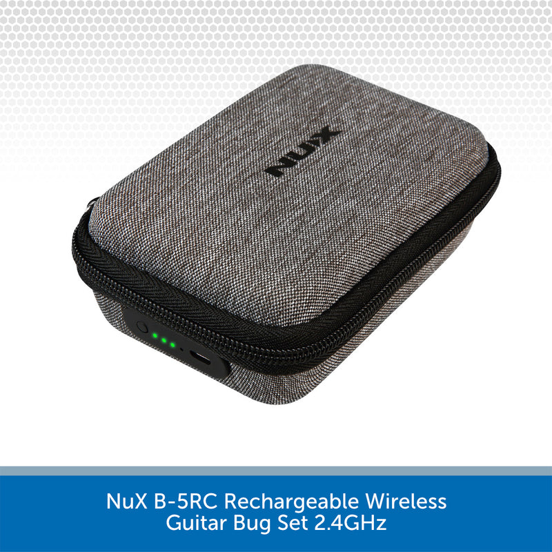 A gray textured zippered carrying case for a wireless guitar bug, branded with the NuX logo. The case features black zipper trim and a small green LED battery indicator light on the side.