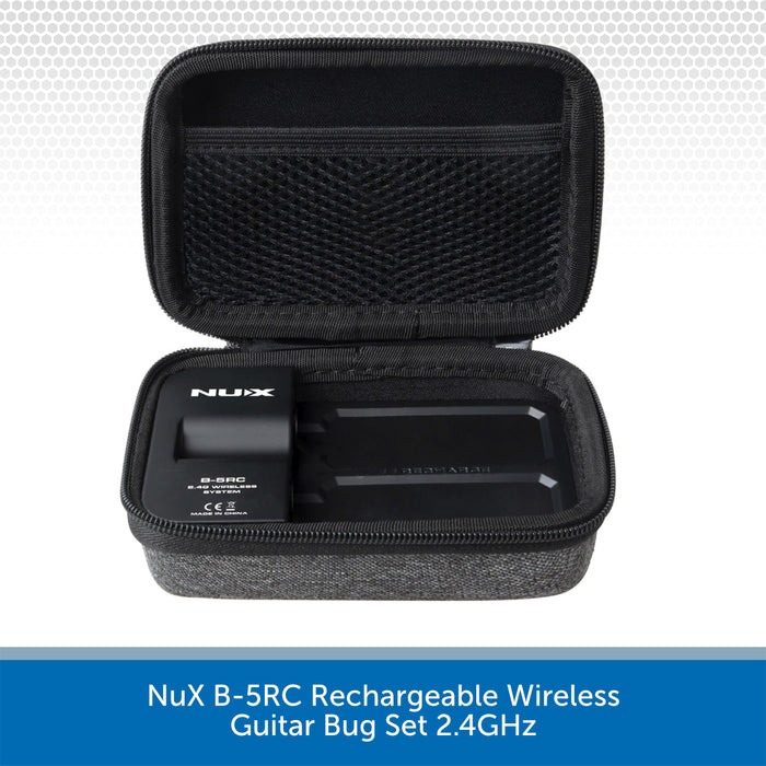 An open black zippered hard carrying case containing a black NuX B-5RC wireless guitar bug set, shown on a white background with a blue text banner at the bottom.