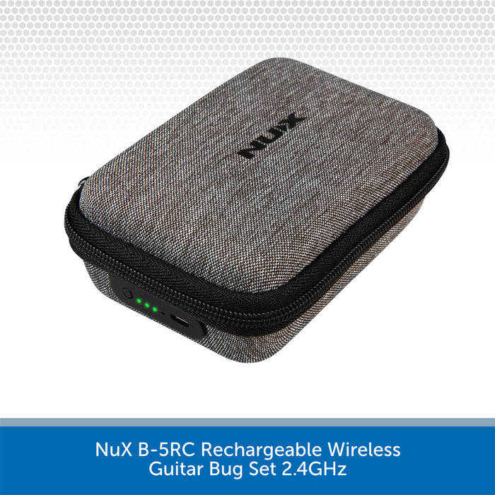 A gray textured zippered carrying case for a wireless guitar bug, branded with the NuX logo. The case features black zipper trim and a small green LED battery indicator light on the side.