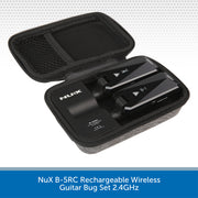 An open black zippered carrying case holding two black NuX B-5RC rechargeable wireless guitar bug devices, shown on a white background with a blue text banner at the bottom.