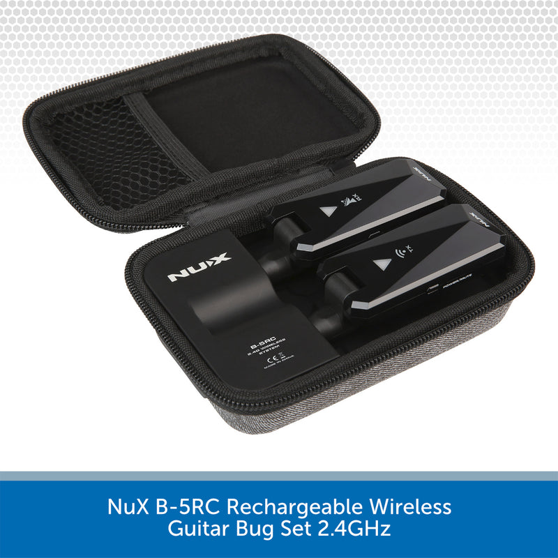 An open black zippered carrying case holding two black NuX B-5RC rechargeable wireless guitar bug devices, shown on a white background with a blue text banner at the bottom.