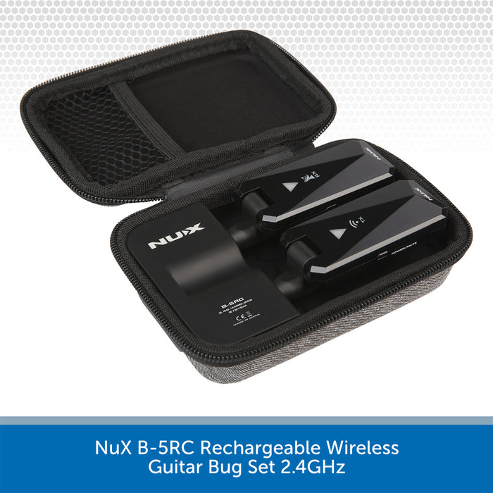 An open black zippered carrying case holding two black NuX B-5RC rechargeable wireless guitar bug devices, shown on a white background with a blue text banner at the bottom.