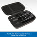 An open black zippered carrying case holding two black NuX B-5RC rechargeable wireless guitar bug devices, shown on a white background with a blue text banner at the bottom.